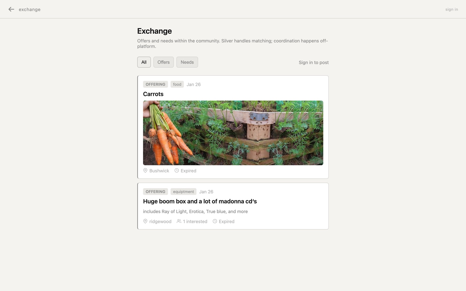 Silver exchange showing community offers and needs