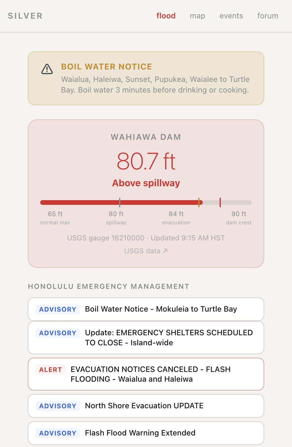 Silver flood page showing Wahiawa Dam water level tracker and emergency alerts