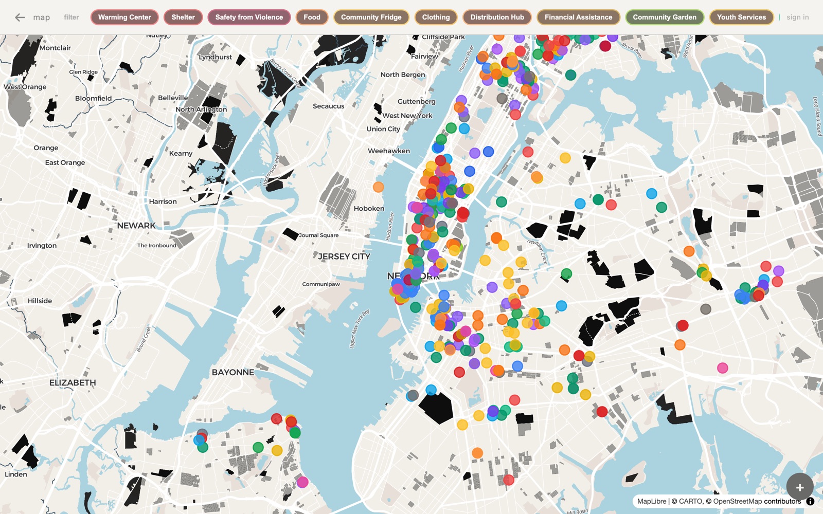 Silver resource map — 838 mutual aid resources across New York City